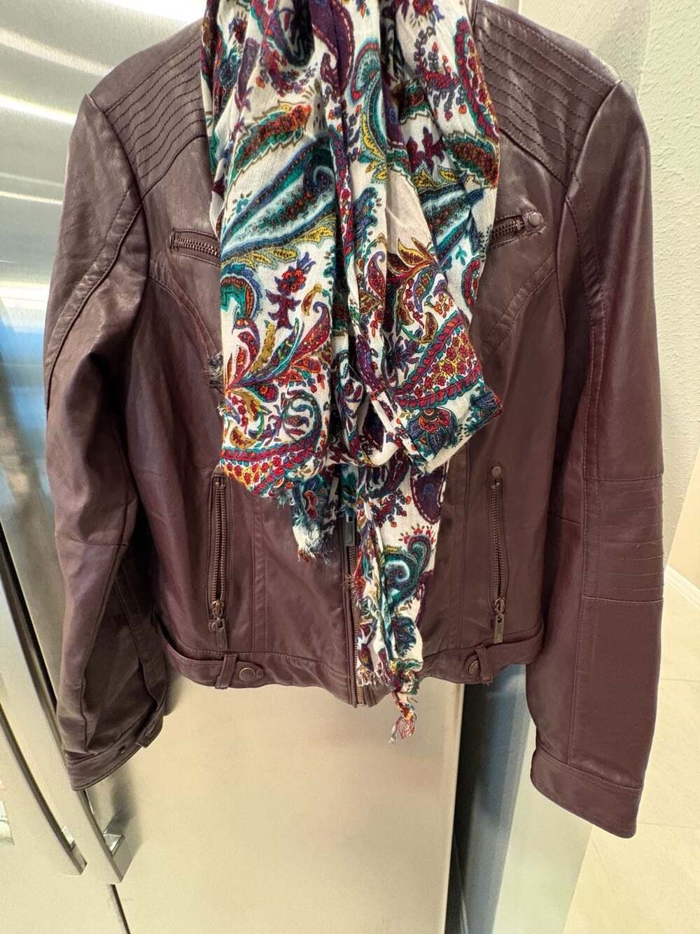 Joujou Faux Leather Burgundy Biker Motorcycle Jacket with Quilted Detailing